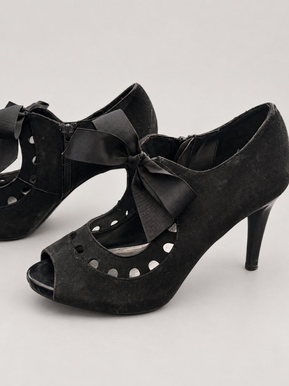 IMPO Black Bow Cutout Peep Toe Side Zip Heels